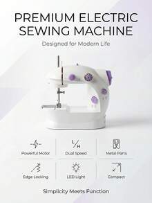 Máquina de coser eléctrica de nivel de entrada, máquina de coser eléctrica mini ligera y multifuncional, máquina de coser doméstica práctica y multifuncional, máquina de coser eléctrica sobrehiladora de mesa resistente, (puede coser manualmente patchwork), con luz LED nocturna; enhebrador automático - Lila Púrpura - Ver 8