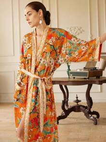 Bohemian Style Fashion Ditsy Floral Mid-Length Long Sleeve Kimono Cover Up Women's European And American Casual Elegant Party Wear Cover-Up Vacation - Orange - View 4