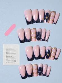 24片Y2K复古长方形花朵美甲贴纸，提升您的时尚品味！这款法式亚克力美甲套装包含1片果冻胶和1把指甲锉，完美贴合您的指甲。佩戴方便，适合夏季和法式美甲，也适合日常工作、派对和其他场合。 - 藏蓝色 - 查看 7