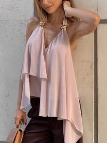 Yuyi 服装金属扣不对称下摆 V 领吊带粉色女士吊带背心，夏季吊带背心，度假海滩街头装扮 - 淡紫色 - 查看 4