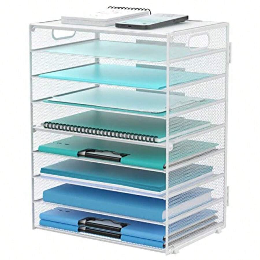 DALTACK - Bandeja de papel de 9 niveles con asas organizador de malla para archivos organizador de computadora para oficina hogar escuela color blanco - Organizador de computadora blanco - Ver 1