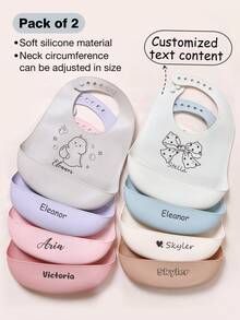 1pc/2pcs Customized Baby Bibs, Adjustable, Dirt-Resistant, Leak-Proof Silicone Bibs, Available In Butterfly, Dinosaur, Bow, Rabbit, Heart Patterns, Soft & Reusable, Suitable For Boys And Girls, Personalized Gift - Multicolor - View 3