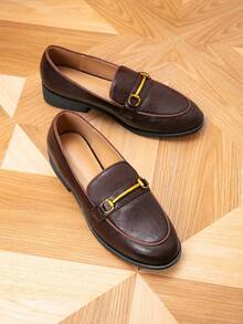 女士乐福鞋，圆头金属扣平底乐福鞋，户外复古平底一脚蹬鞋，女士休闲鞋 - 巧克力棕 - 查看 6