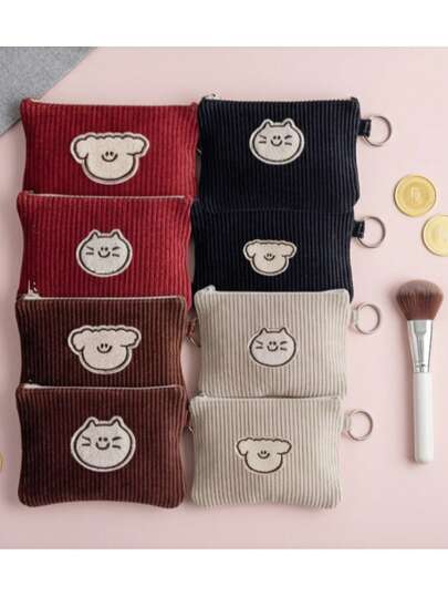 2pcs Corduroy Zipper Small Pouch, Multifunctional Mini Wallet For Lipstick, Earphones And Keys, Handwashable, With Edge Painted Details, No Printing Design