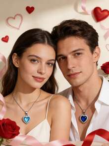 两件套时尚心形金属镶嵌水晶锆石钻石吊坠项链套装，男女皆宜，情人节、送给爱人、朋友的礼物 - 彩色 - 查看 10