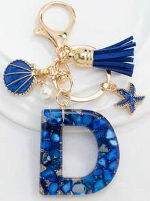 1PC Boho Nautical 26-Letter Resin Keychain - Blue & Golden Initial Pendant With Starfish/Shell/Tassel Charms, Fashionable Key Ring & Couple Bag/Backpack/Beach Bag Charm, Ideal Holiday Gift For Valentine's Day/Birthdays/Parties - Royal Blue - View 27