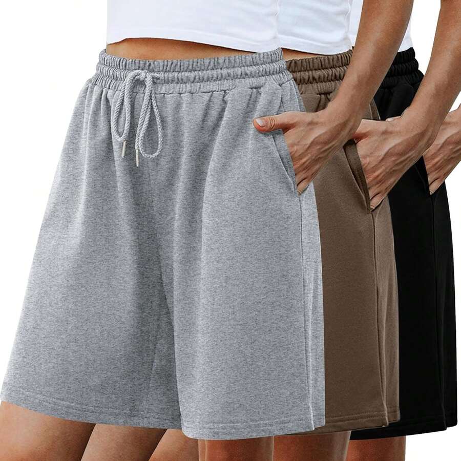 Quenteen Women's Sweat Shorts Bermuda Long Shorts Athletic Casual Loose Cotton Shorts (Available In Plus Size)A Valentine's Day 46QM - Xám + Đen - Xem 1