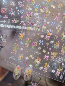 1 Sheet Spring Colorful Flowers Bow Nail Charms Stickers 5D Embossed Design Nail Art Stickers DIY Manicure Elegant Decoration Decal For Women Valentine's Day Gift Nails Nail Supplies - Multicolor - View 3
