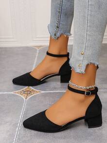 春夏新款仙女风尖头绒面高跟凉鞋，黑色专业镂空中跟罗马凉鞋 - 黑色 - 查看 3