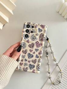 Cream Textured Wavy Edge Glossy Oil Heart Leopard Print Painted Anti-Drop Phone Case With Beaded Bracelet Accessory, Compatible With Samsung Galaxy S25/S25PLUS/S25 Ultra/A16/A36/A26/A56/A50/A12/A32/A52/A72/A51/A21S/A13/A14/S24/S24PLUS/S24Ultra,S22/A52/A53/A54/A55S23, 11/12Pro/12/12X/13Pro/14Pro/15Pro, Redmi 10/9/Note9/12c/Note11pro/Note8Pro - Multicolor - View 5