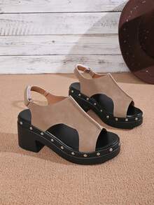Women's Gothic Style Thick Sole Sandals, Open Toe Design, Chunky Heel, Vintage Rivet Decor, Punk Style Hook And Loop Closure, Suitable For Party, Outdoor, Casual, Summer Beach - Coffee Brown - View 2