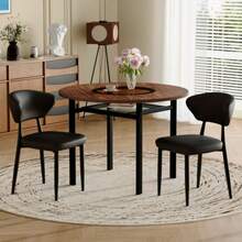 Modern Minimalist Round Table Set (With 2 Black PU Material Armchairs With Curved Backrests), Round Table With A 100 Cm Diameter In Wood Look, Designed For Dining Room & Kitchen. - Brown+Black+Glass+Metal+PU Leather+Seats 2 - View 4