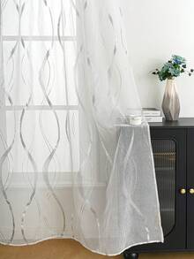 1pc White Modern Wavy Line Pattern Sheer Curtain, Simple & Elegant, Suitable For Office, Living Room, Bedroom, Kitchen, Balcony, Rod Pocket Hanging, Easy Installation - Silver - View 3