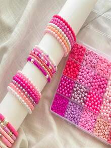 粉色粘土珍珠串珠手链DIY套装，包含米珠和亚克力珠，手工珠宝材料，适合情人节和友谊手链 - 情人粉紅色 - 查看 6