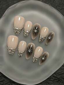 Ten Luxurious Vintage Handmade Nail Art Pieces, Exuding A Noble Style. These Handmade False Nails Are Luxurious And High-End, Featuring Medium Almond-Shaped Press-On Design. Perfect For Spring, These Reusable False Nails Make A Lovely Gift For Women, Showcasing Nail Art Artistry. Suitable For Girls Or Ladies For Everyday Wear, Whether For Parties Or General Party Occasions. Nail Supplies - Multicolor - View 10