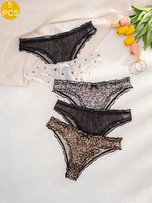 5条装 女士印花荷叶边舒适比基尼内裤 - 彩色 - 查看 1
