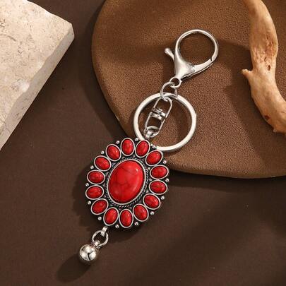 Westlicher Türkis Schlüsselanhänger, vintage Silber Boho Stil Taschenanhänger mit Glöckchen, 2026 Cowgirl Erklärung Schlüsselanhänger