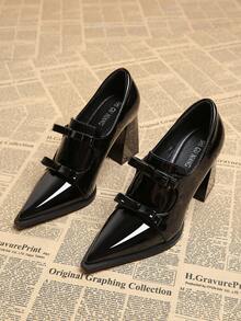 2026 Autumn New Women's Shoes Pointed Toe High Heels Casual Retro Chunky Heel Block Heel Patent Leather Pumps With Bow, Elegant Elegant Suitable For Commuting, Party And Other Occasions, Comfortable And Slimming - Black - View 2