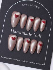 10片/套 手工杏仁形美甲贴纸，Y2K粉色系，手绘渐变闪粉爱心图案，包含1片果冻胶和1个指甲锉。适合日常使用以及Coachella音乐节等场合，是美甲贴纸和美甲护理产品的理想之选。美甲用品 手工按压式美甲 - 粉色 - 查看 1