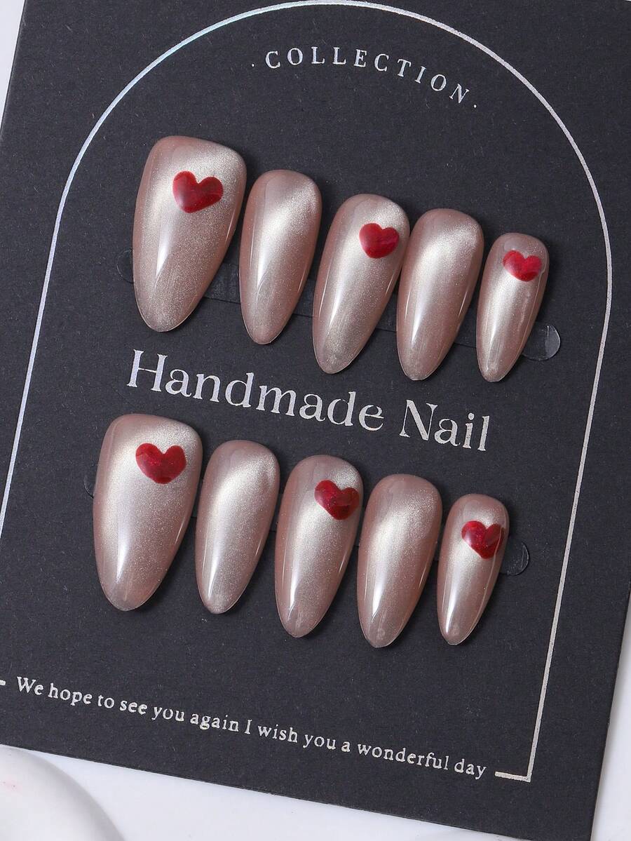 10片/套 手工杏仁形美甲贴纸，Y2K粉色系，手绘渐变闪粉爱心图案，包含1片果冻胶和1个指甲锉。适合日常使用以及Coachella音乐节等场合，是美甲贴纸和美甲护理产品的理想之选。美甲用品 手工按压式美甲 - 粉色 - 查看 1