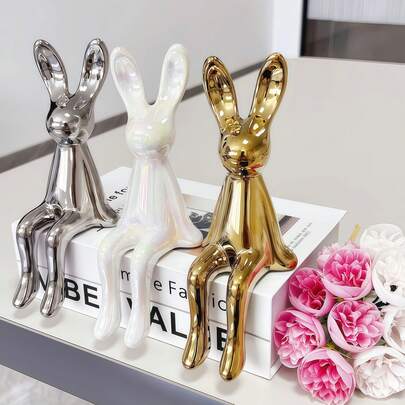 3 buc/set figurine drăguțe de iepure așezat, 20 cm, combinație de culori auriu-argintiu, material ceramic cu acoperire PVD, potrivite pentru dulapul TV din sufragerie, decor de raft, decorațiuni interioare pentru Paște