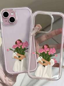 1pc Couple/Friend Gift Floral Girl Cute Pattern 2-In-1 Pink Frame Transparent Full Coverage TPU Shockproof Fashionable Phone Case Compatible With IPhone 11 12 13 14 15 16 17 Pro Max, Women - Multicolor - View 4