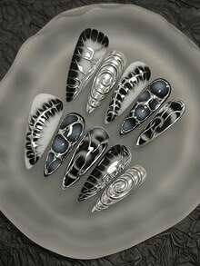 Ten Pieces Of Black Vintage Handmade Nail Art, Handmade False Nails, High-End Black Ombre Style, European And American Hot Girl Style, Long Almond Press-On False Nails, Spring False Nails, Reusable False Nails, Ladies' Gift, Suitable For Girls Or Ladies' Everyday Wear For Parties. Nail Supplies Handmade Press On Nails - Multicolor - View 3