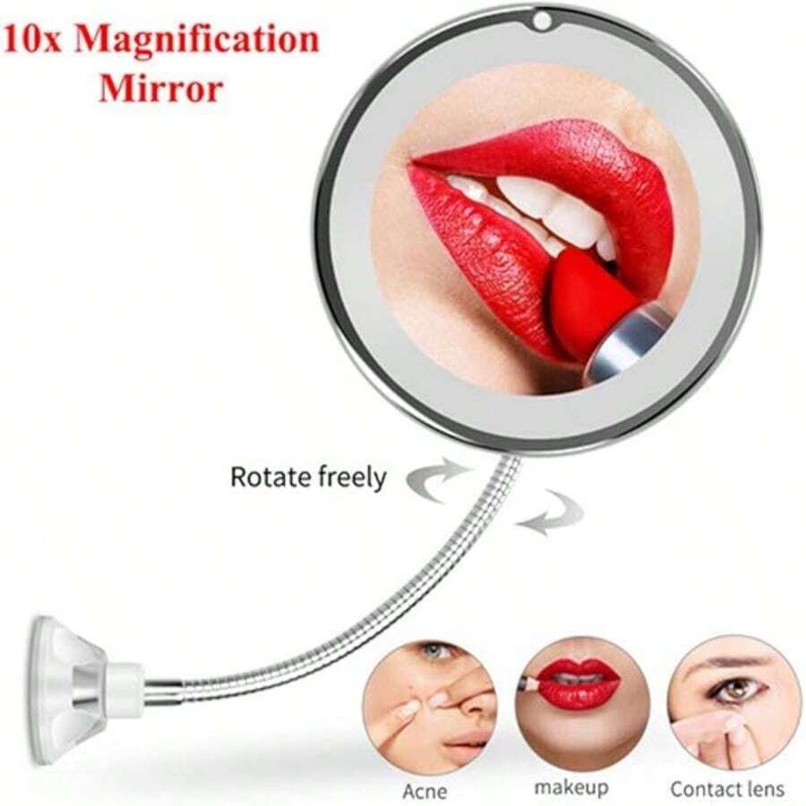 10倍放大LED化妆镜，壁挂式360°旋转可调节臂，吸盘底座锁定设计，便携式化妆镜，适用于家庭、浴室和旅行，精准化妆