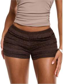 Women's Ruffle Shorts Crochet Tiered Layered Summer Beach Micro ShortsA Valentine's Day AC56 - 棕色 - 查看 8