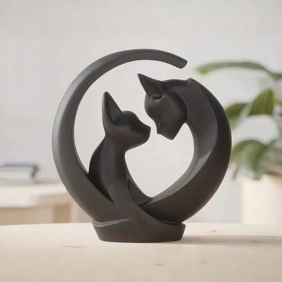 1件3D打印新月猫拥抱雕塑，简约风格创意情人节装饰，独特经典配色（白/黑），适用于家居、办公桌装饰、家居摆件、派对礼物、节日礼物、花园装饰、生日礼物