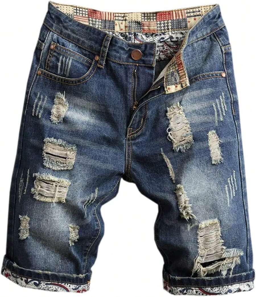 Men's Ripped Shorts & Jeans Summer Casual Classic Straight Distressed Ripped Short JeansA Valentine's Day XJS7 - 1# 深藍色 - 查看 1