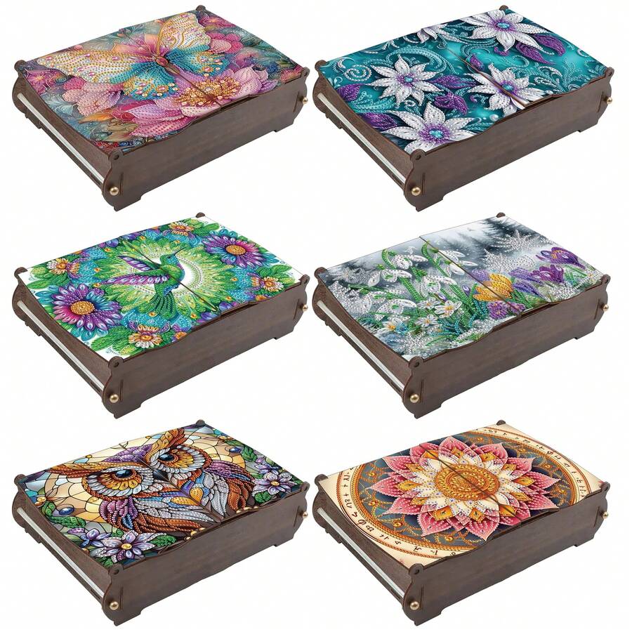 1pc/6pcs DIY Diamond Painting Kit - Daisy, Lotus, Butterfly, Hummingbird, Lily Of The Valley, Mandala, Eagle Pattern Wooden Storage Box, Multi-Functional Dustproof Double-Lid Box For Jewelry And Crafts Organization, Home Decor, Perfect Gift For Living Room, Valentines Day, Mother's Day, Easter, Birthday