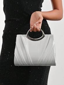 1PC Women Oval Handle Matallic Clutch Purses For Women Evening Bags Party Clutches Wedding Purses Cocktail Prom Handbags With Pleated, Glitter Evening Envelope Handbag With Detachable Chain Elegant,Exquisite Patent Square Evening Bag For Party Dinner Bag,Clutch Bag For Party Girl,Woman,For Female, Perfect For Party,Wedding,Prom,Dinner/Banquet,Best Gift For Women's Clip Glitter Dinner Wallet For Carnival Wedding Handbag For Party And Prom - Silver - View 1