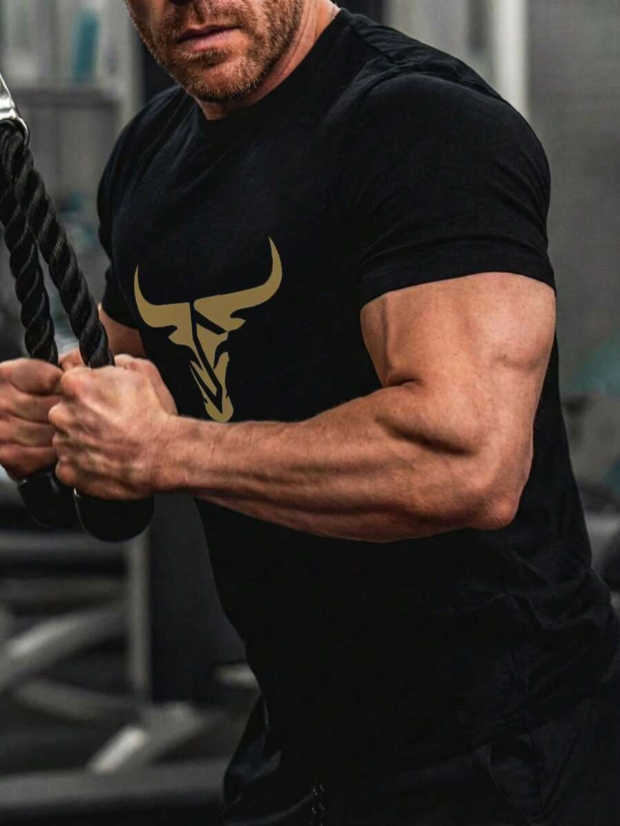 Men's Fashionable Casual Ox Print T-Shirt, Summer - Black - View 1