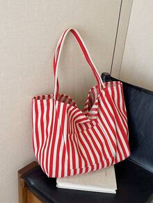 Retro Chic Striped Canvas Tote Bag, Korean Style, Casual Large Capacity Shoulder Bag For Women, Suitable For Travel And Vacation - Red - View 5
