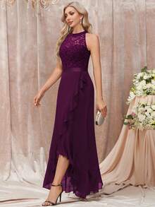 MIUSOL Floral Lace Patchwork Ruffle Neck Elegant Evening Maxi Dress Wedding Spring Party - Maroon - View 4