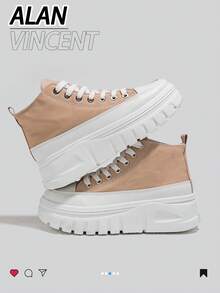 Alan Vincent [免费退换货] 新款高帮系带帆布鞋，女士厚底休闲鞋，舒适时尚卡其色运动鞋，学生鞋，百搭休闲风格 [尺码偏小，建议选购大一码。] - 卡其色 - 查看 3