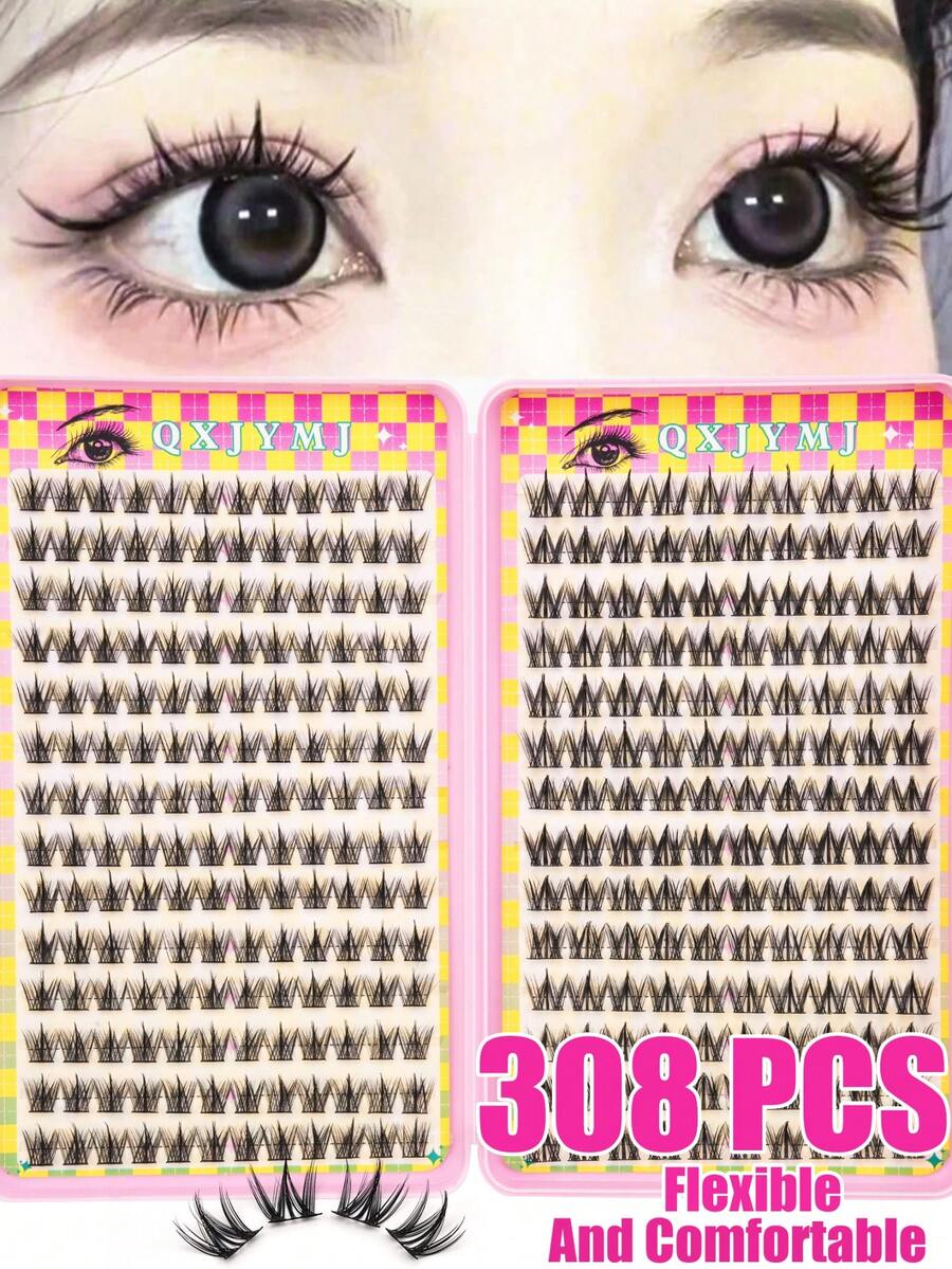 308/252 Pieces Cluster False Eyelashes Eyelash Book 28 Rows DIY Cluster Eyelash Extension Kit Fluffy 2 Styles Mixed Single Eyelash Cluster Segmented Spikes CC Curl Eyelash Extensions Can Make Cat Eye Lashes Look Natural Or Fluffy Volume Dramatic Eyelash Effect - Burnt Orange - View 1