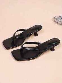 女士夏季软皮方头凉鞋，人字拖细跟凉鞋，百搭细跟人字拖，黑色高跟凉鞋 - 黑色 - 查看 7