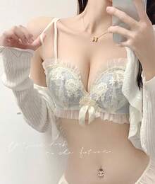 Wireless Bra And Panty Set, Cute, High-Cut Bra, Wireless Underwear For Women With Small Breasts. This Bra And Panty Set Enhances Your Bust, Flatters Your Sides, And Creates A Cleavage-Enhancing, Shape-Enhancing, And Is Wireless. - 藍白色 - 查看 9