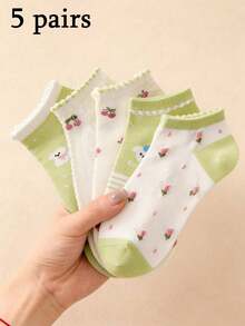 1/5 Pairs Women Ruffle Trim Cherry Ditsy Floral Solid Color Low Cut Socks - Sweet & Cute, Comfortable & Soft, Casual For Daily Wear, Party, Travel, Home, Business, College Style