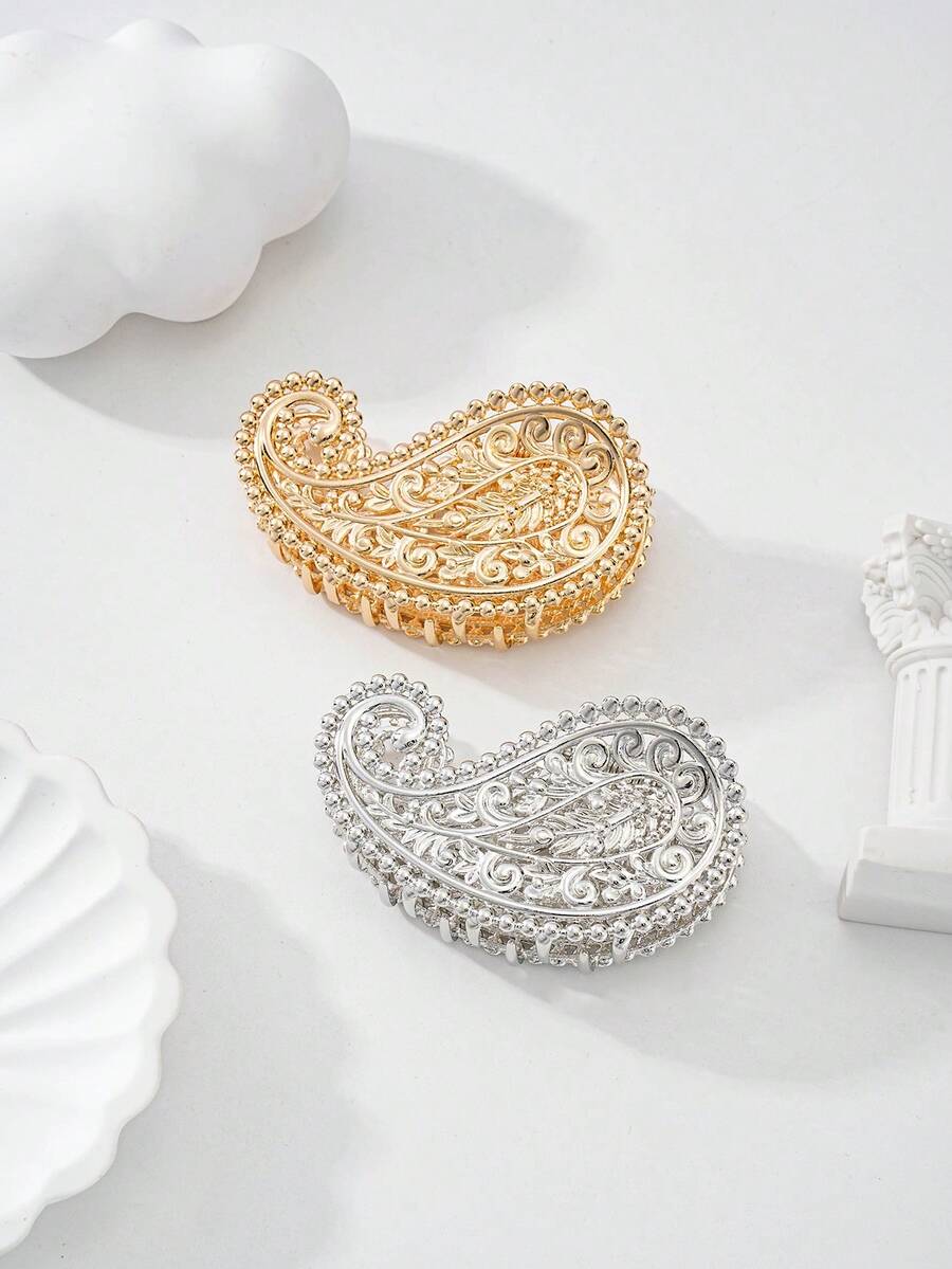 2pcs Women's Hair Accessories, Zinc Alloy Made Teardrop Shaped With Floral Pattern, Minimalist Yet Elegant, Suitable For Outings, Work Attire, Fashionable Elegant Hair Claws Fashion Claw Clip Causal Hair Clips - Multicolor - View 1