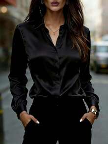 Women's Satin Long Sleeve Collared Shirt, Elegant Polyester Blouse Top Black Spring - Black - View 6