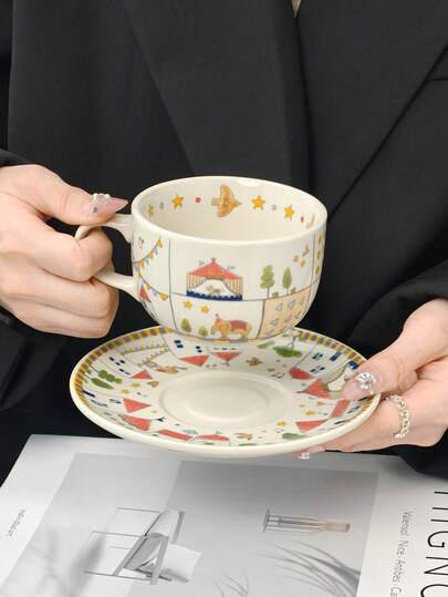 一套可爱的马戏团陶瓷杯碟，优雅的下午茶餐具，茶杯，冷饮杯，适合居家、办公等场合，完美礼物，收藏装饰品