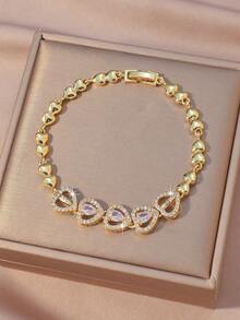 1pc Gold Heart Rhinestone Bracelet - Sweetly Sparkling Everyday Jewelry - Gold - View 3