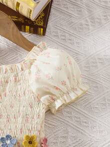 Vestido casual de manga abullonada con volante en la cintura y estampado floral menudo para niñas, primavera/verano - Albaricoque - Ver 4