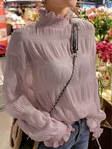 女士秋冬蕾丝边长袖薄纱雪纺上衣 - 粉色 - 查看 1