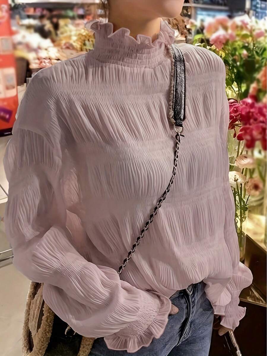 女士秋冬蕾丝边长袖薄纱雪纺上衣 - 粉色 - 查看 1