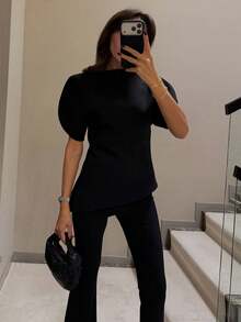 女士不对称下摆泡泡袖衬衫，黑色圆领，新款时尚优雅女士夏季服装 - 黑色 - 查看 5