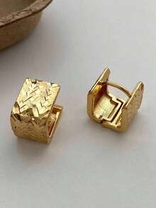 1 Pair Minimalist Luxury Geometric Textured Design Unique Elegant Everyday Casual Copper Hoop Earrings For Women - 黃金3 - 查看 3